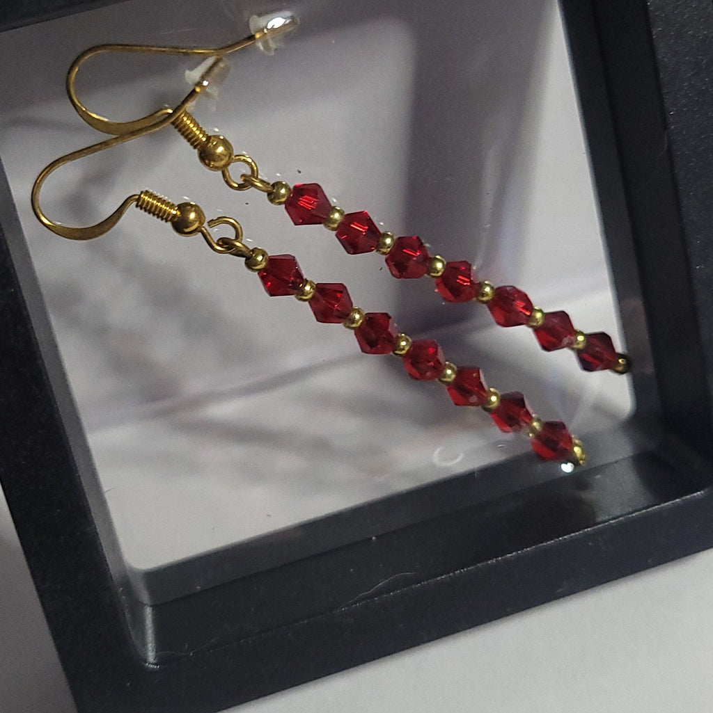Boucles d'oreilles Sang et Or - Perles Rouges et Dorées 7cm (Réf: CAT1)
