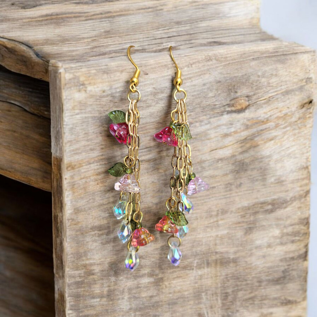 Boucles d'Oreilles Fleur de Verre et Cristaux - Chaîne Dorée 8cm