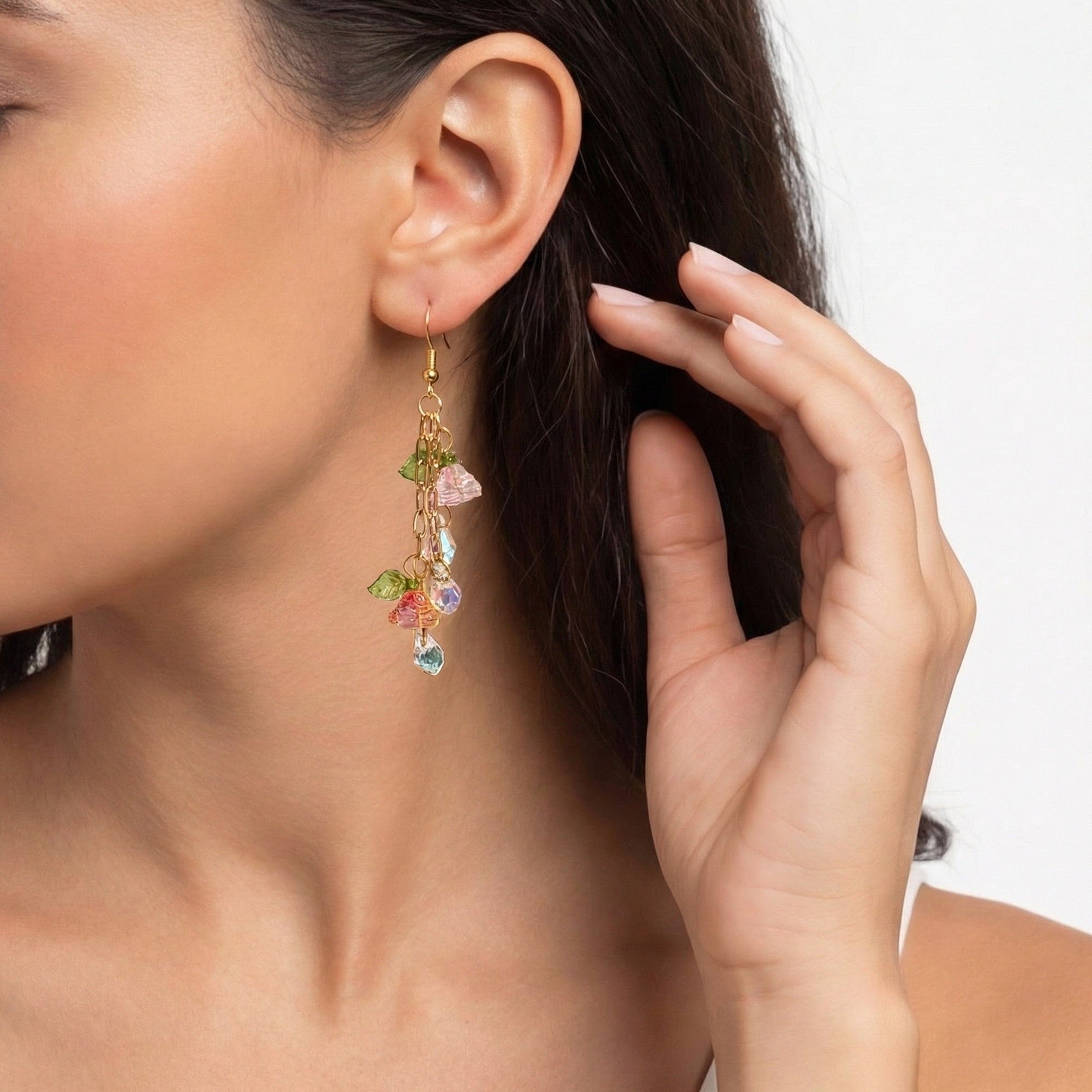 Boucles d'Oreilles Fleur de Verre et Cristaux - Chaîne Dorée 8cm