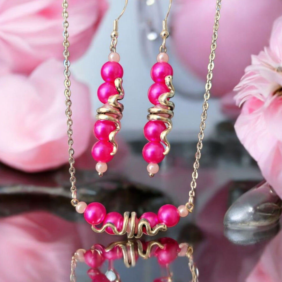 Parure Serpentine Fuschia CS5 – collier 55cm et boucles 7cm perles serpentine fuschia argent recyclé – bijou artisanal fait main France – Alysel Créations