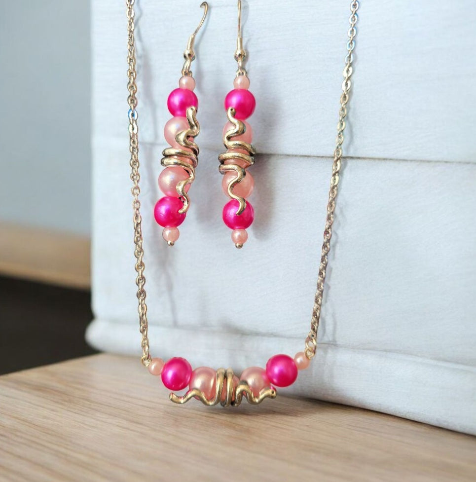 Parure Serpentine Rose Fuschia CS8 – collier 55cm et boucles 7cm perles serpentine rose fuschia argent recyclé – bijou artisanal fait main France – Alysel Créations