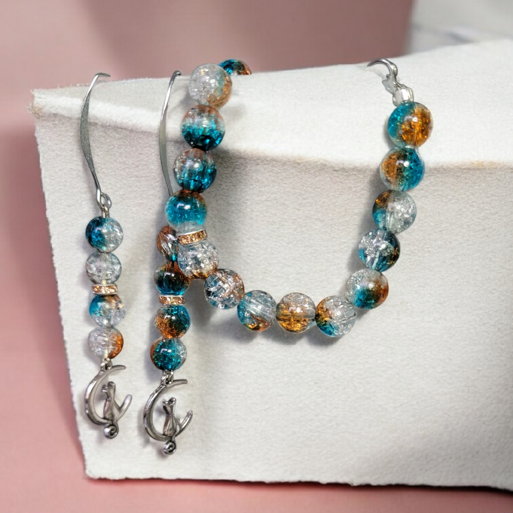 Parure Lune Enchantée LE2 -bracelet et boucles d'oreilles perles craquelées - bijou artisanal fait main - Alysel Créations