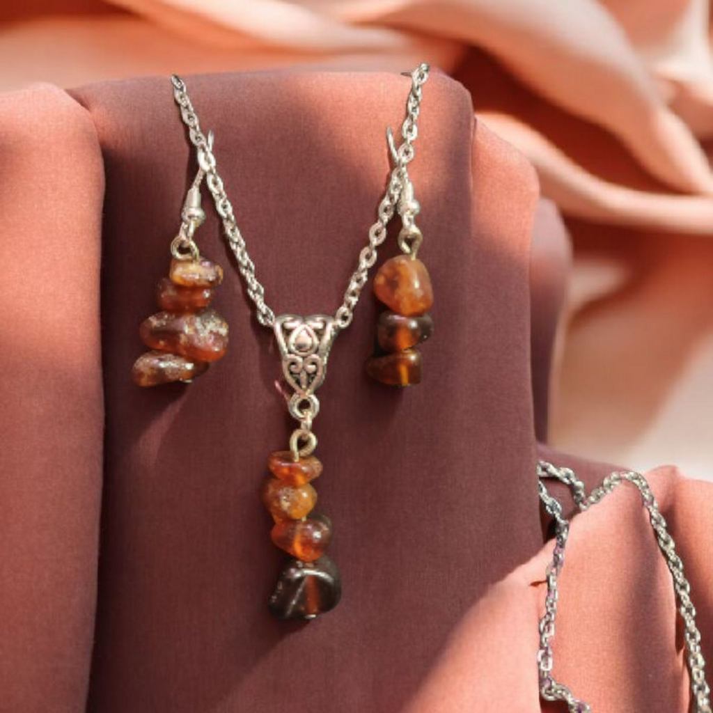 Parure Juste Au Naturel - Collier 45cm + Boucles 4cm Grenat Brun (Réf: JAN11)