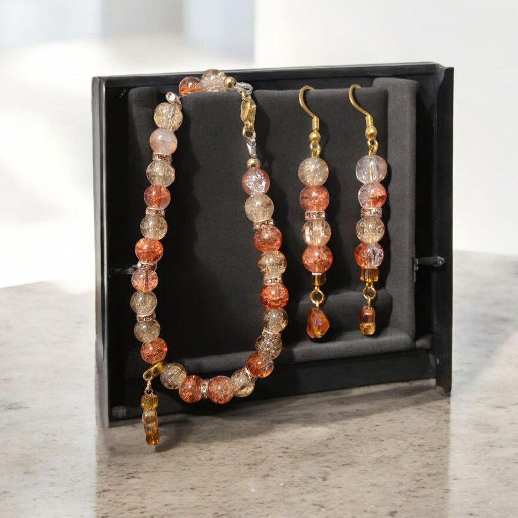 Parure Perles de Verre Craquelées ambrées – bracelet et boucles d'oreilles verre craquelé ambré argent recyclé – bijou artisanal fait main France – Alysel Créations