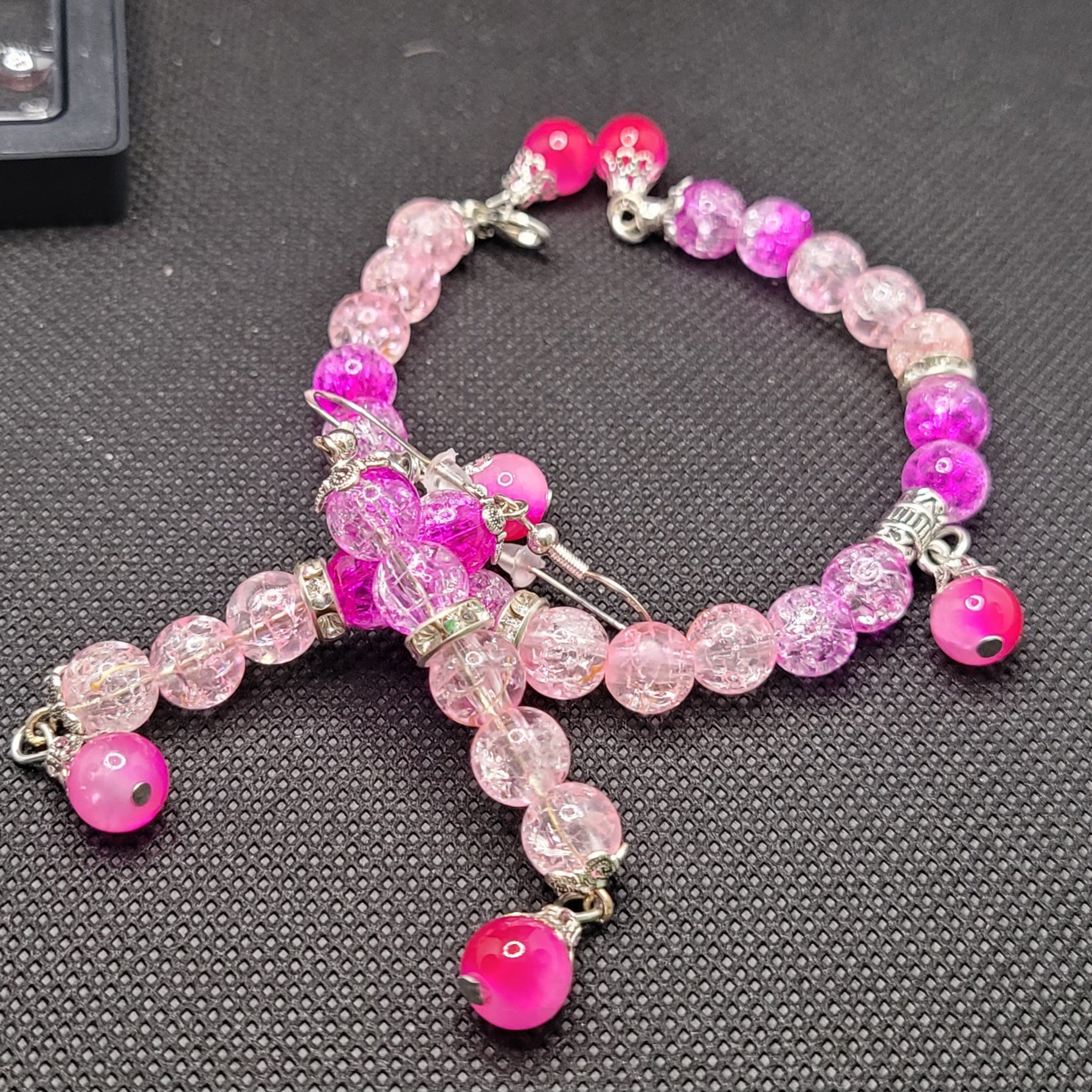 Parure Éclats de Rosé MER2 - collier et boucles d'oreilles cristal rose acier inoxydable argent recyclé - bijou artisanal fait main - Alysel Créations