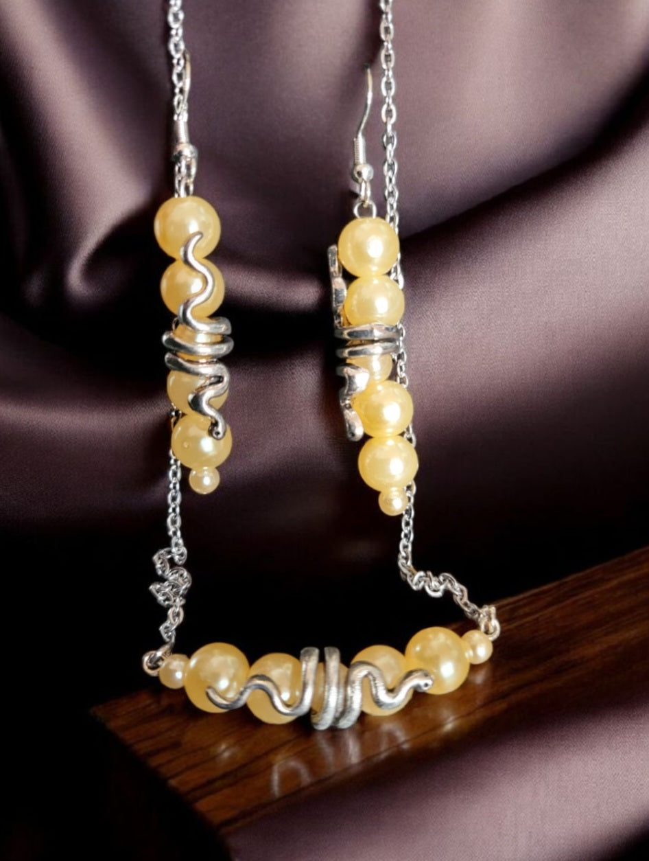 Parure Serpentine Jaune CS4 – collier 55cm et boucles 7cm perles serpentine jaune argent recyclé – bijou artisanal fait main France – Alysel Créations