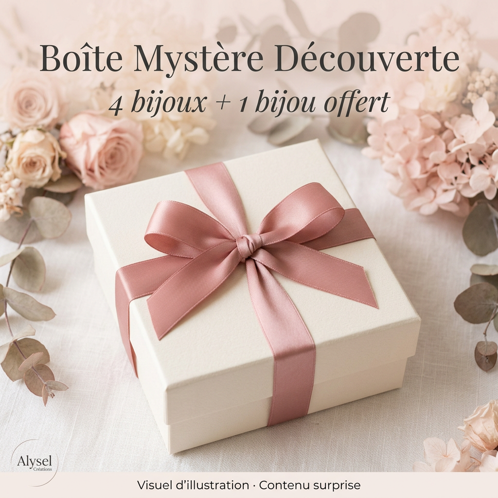 Boîte Mystère Découverte : boîte fermée ivoire à ruban rose, 4 bijoux + 1 bijou offert. Visuel d’illustration, contenu surprise.