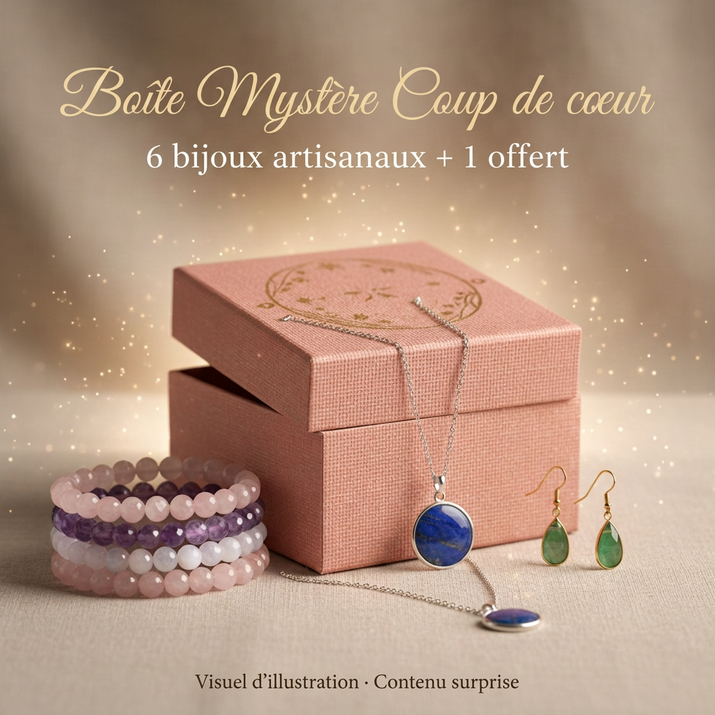 Visuel d’illustration de la Boîte Mystère Coup de cœur : 6 bijoux artisanaux + 1 offert, contenu surprise – Alysel Créations