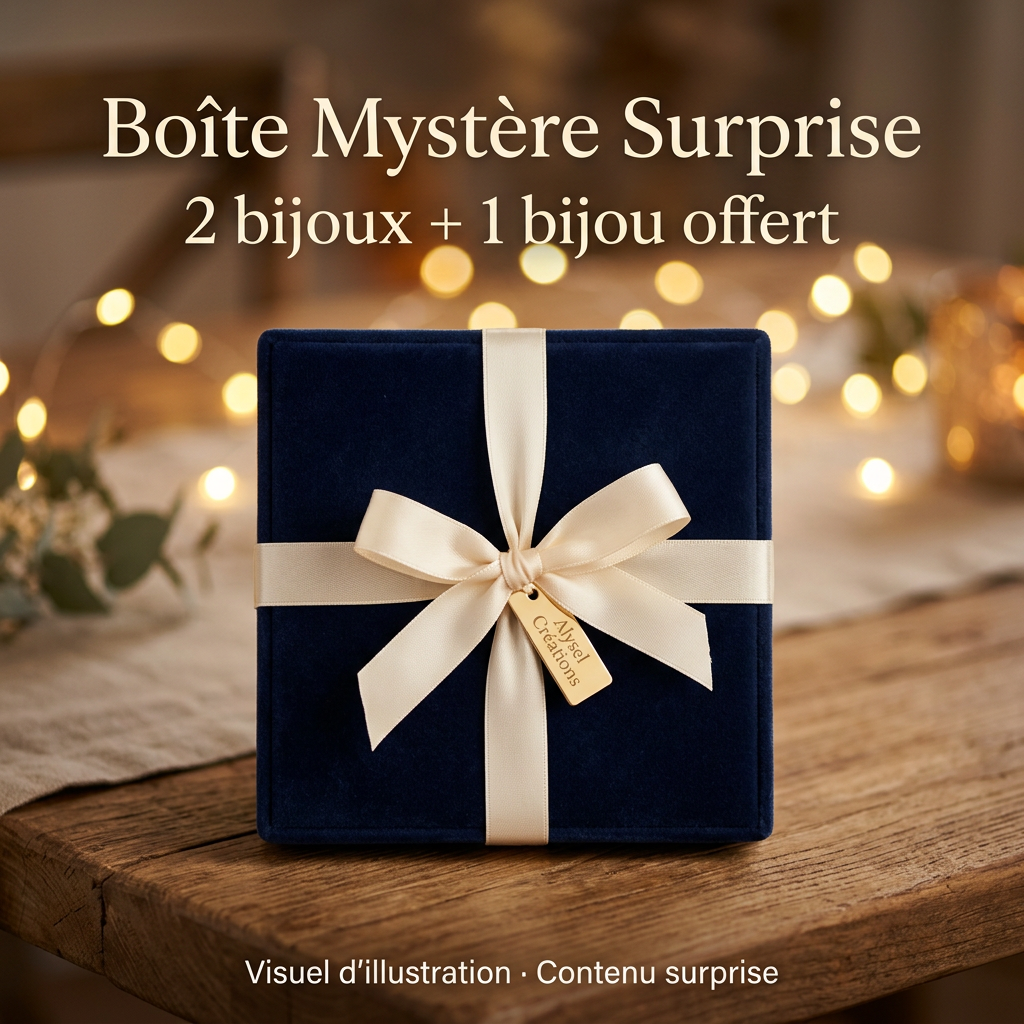 Boîte Mystère Surprise : boîte fermée bleu nuit à ruban ivoire, 2 bijoux + 1 bijou offert. Visuel d’illustration, contenu surprise.
