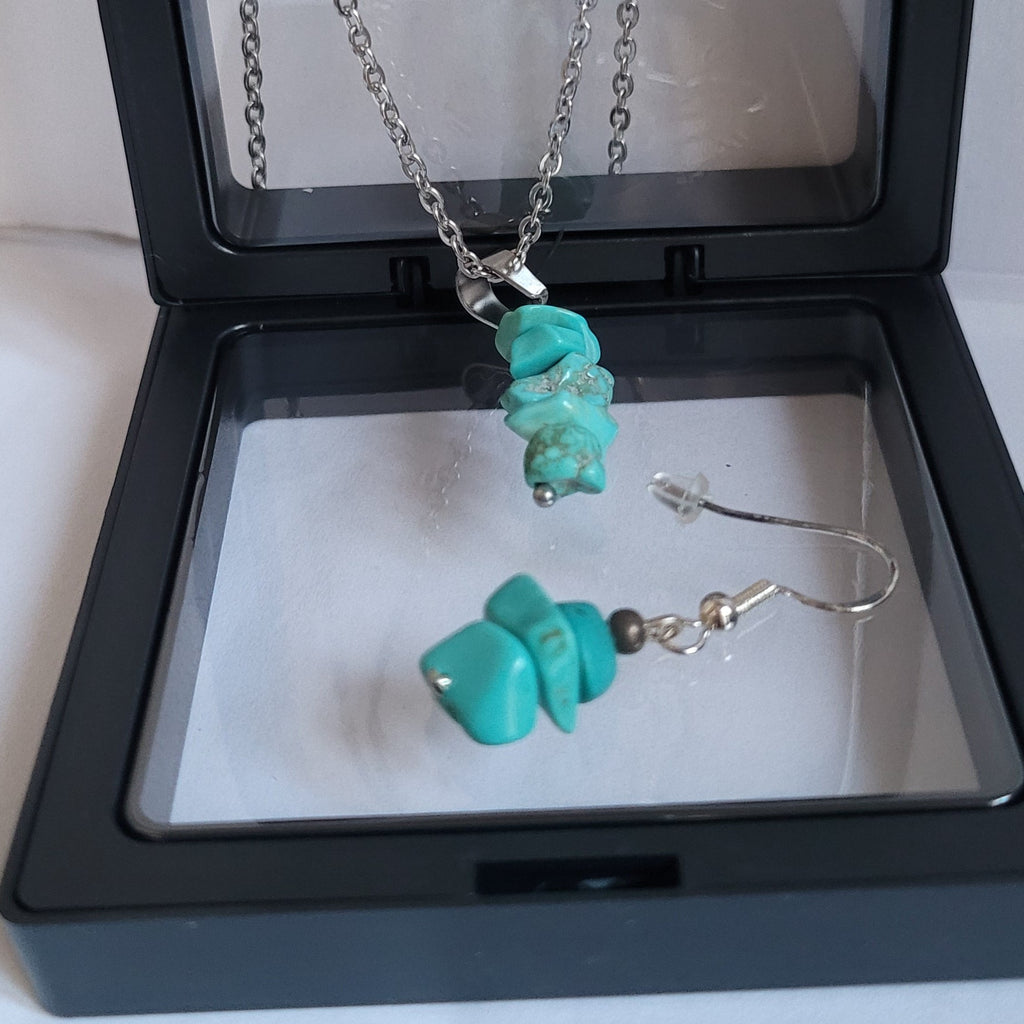 Parure Juste Au Naturel - Collier 45cm + Boucles 4cm Turquoise Bleue (Réf: JAN9)