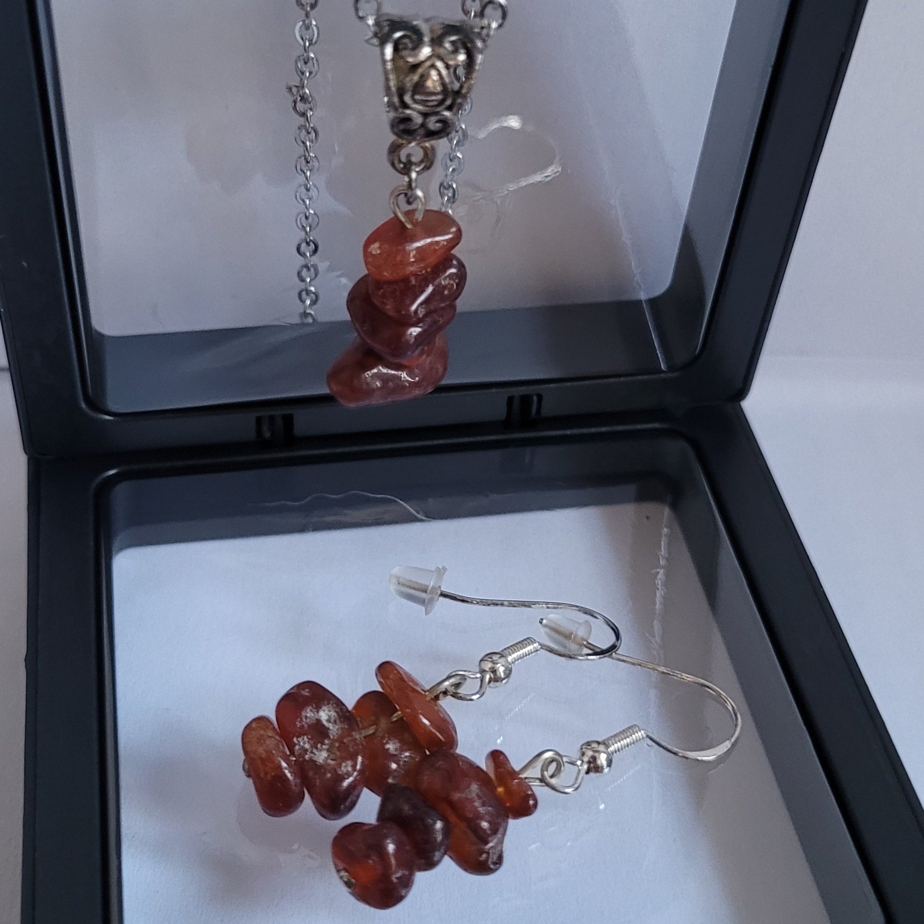 Parure Juste Au Naturel - Collier 45cm + Boucles 4cm Grenat Brun (Réf: JAN11)