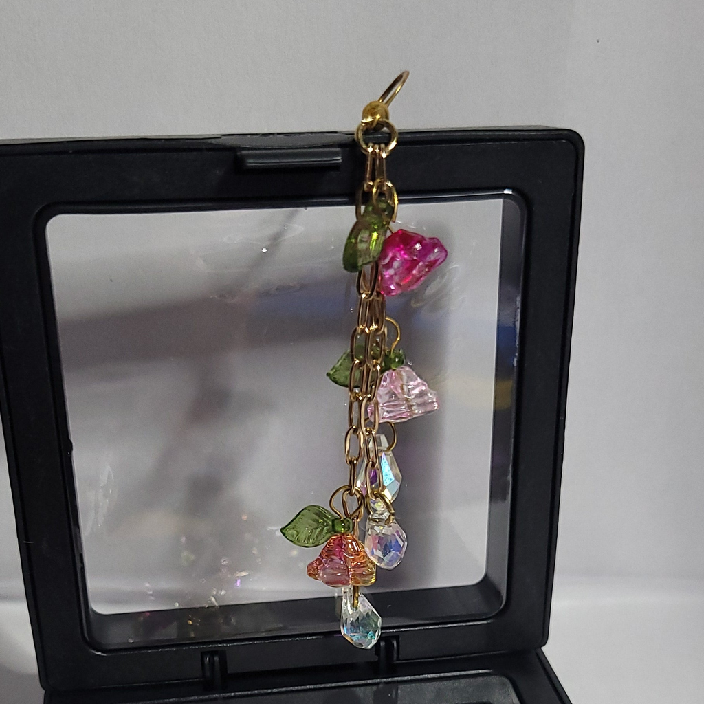 Boucles d'Oreilles Fleur de Verre et Cristaux - Chaîne Dorée 8cm
