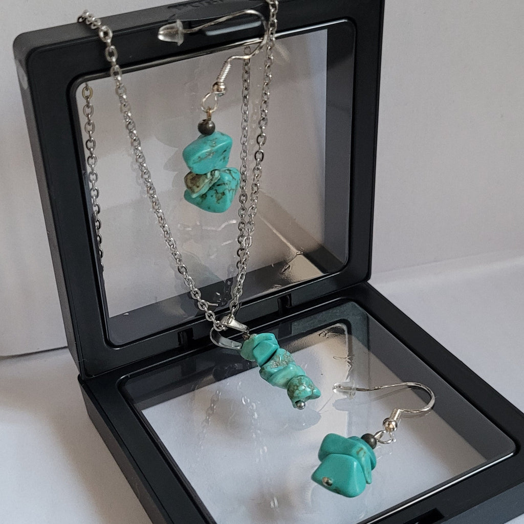 Parure Juste Au Naturel - Collier 45cm + Boucles 4cm Turquoise Bleue (Réf: JAN9)