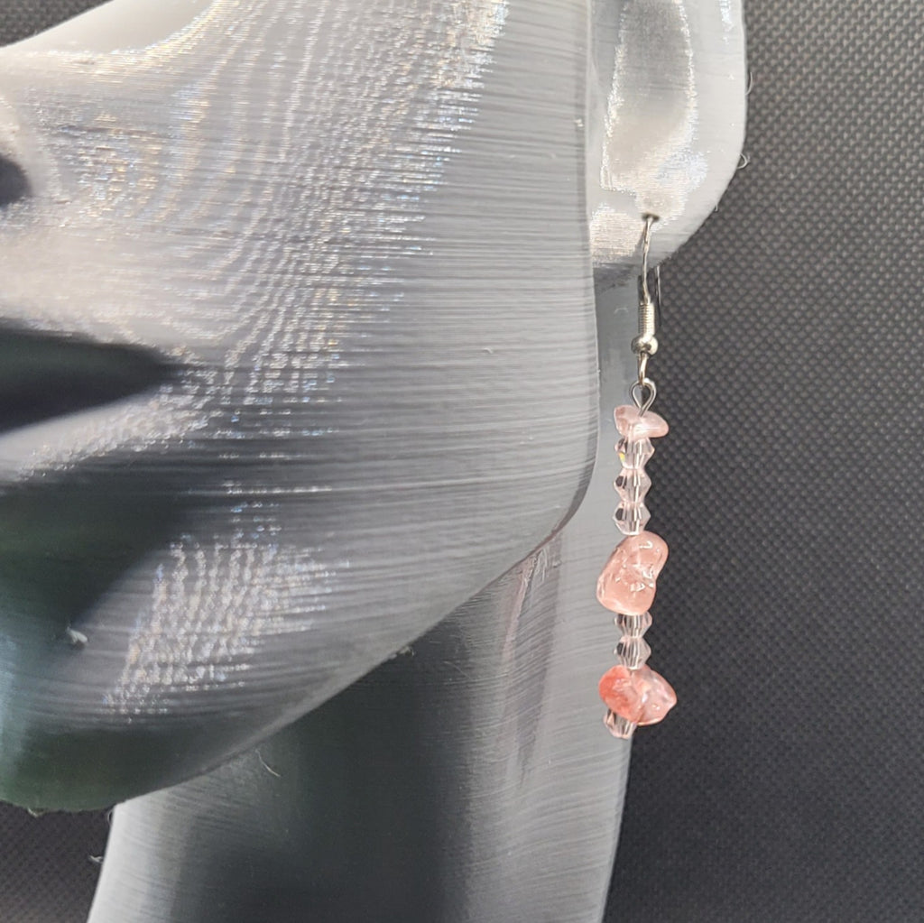 Boucles d'oreilles Quartz Cerise et Perles de Verre 6cm (Réf: AVN1)