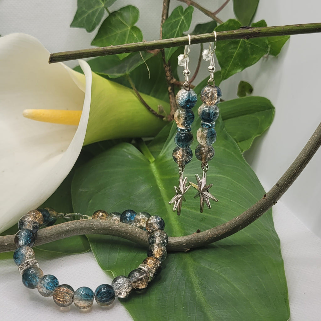 Parure bracelet boucles d'oreilles Aurore Boréale – perles verre irisées strass argent recyclé – bijou artisanal fait main France – Alysel Créations