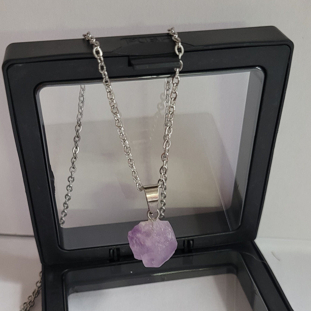 Collier Pierre Naturelle Améthyste Brute CPN1 - chaîne acier inoxydable 45cm argent recyclé - bijou artisanal fait main - Alysel Créations