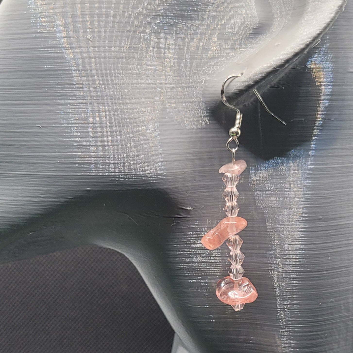 Boucles d'oreilles Quartz Cerise et Perles de Verre 6cm (Réf: AVN1)