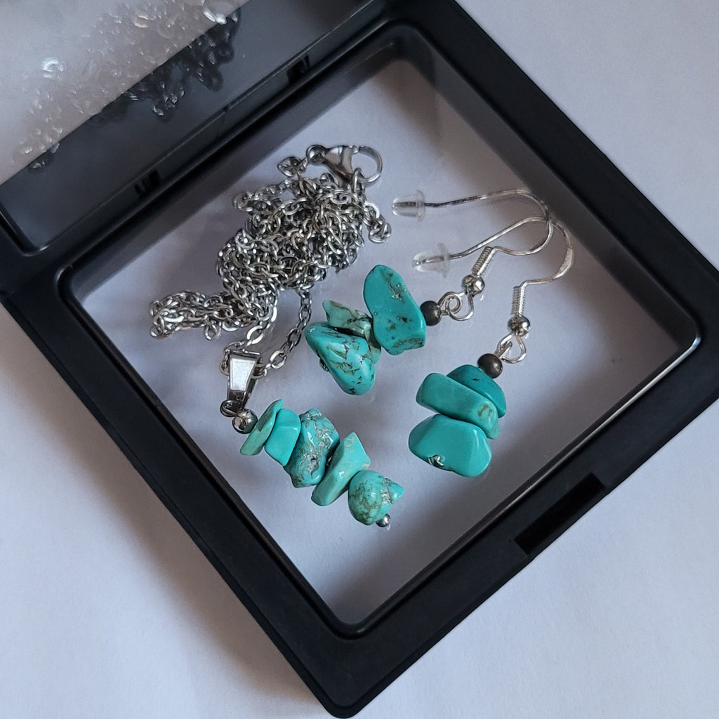 Parure Juste Au Naturel - Collier 45cm + Boucles 4cm Turquoise Bleue (Réf: JAN9)